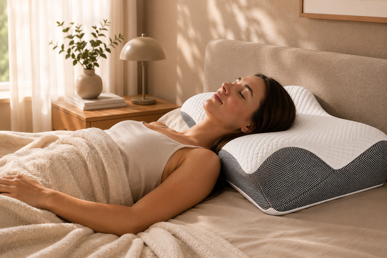 Woman sleeping peacefully on the Aurelia Cloud Pillow in a luxurious bedroom
